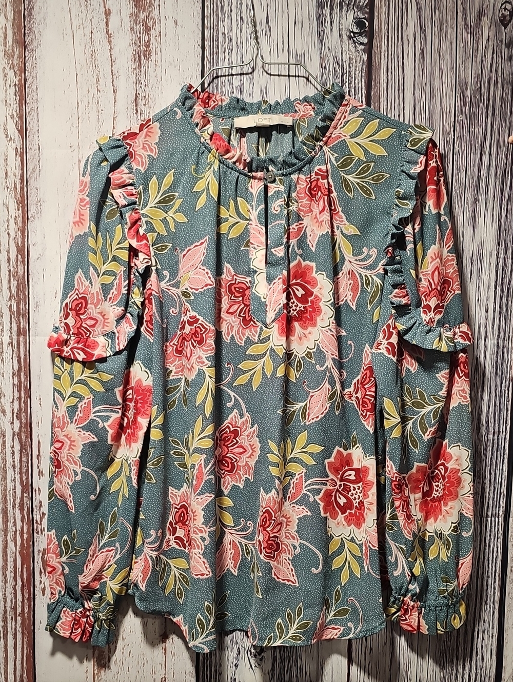 LOFT Teal Floral Ruffle-Shoulder Long Sleeve Blouse